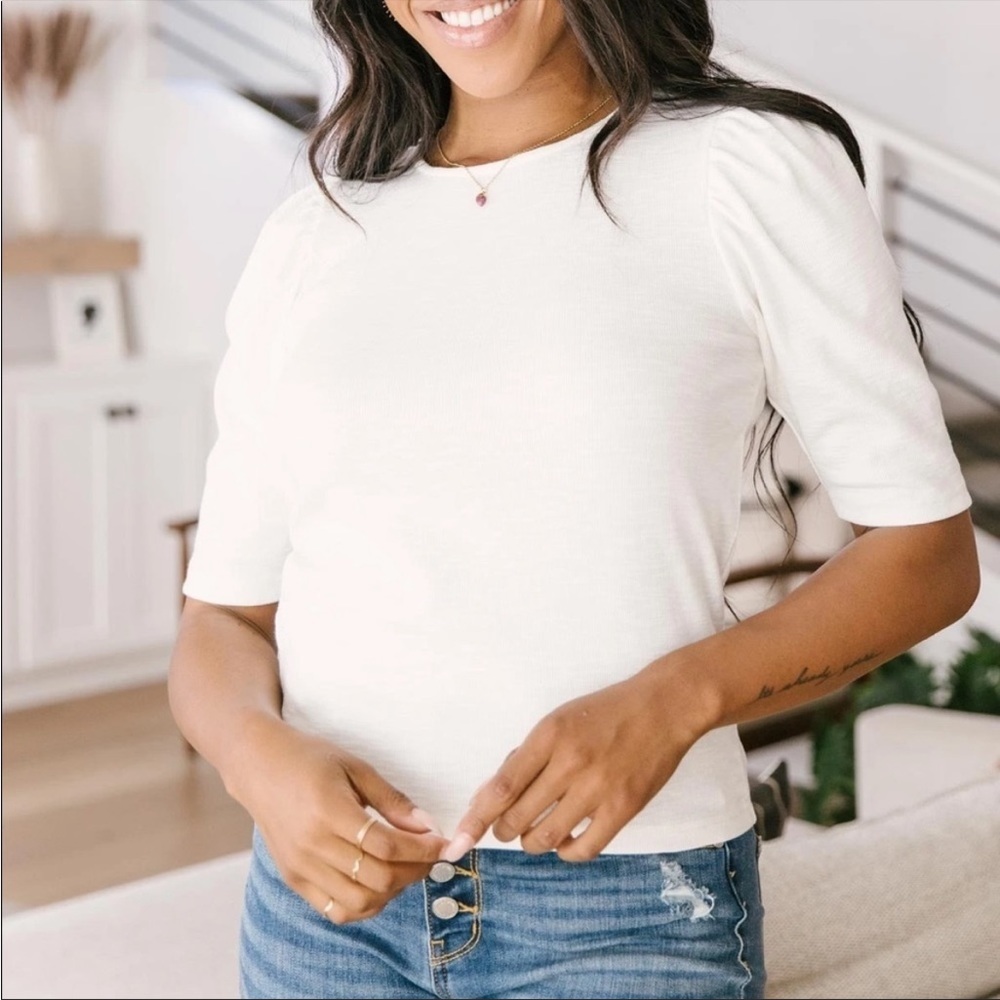 White Puff Sleeve Blouse Basic Knit Soft Stretchy - image 3